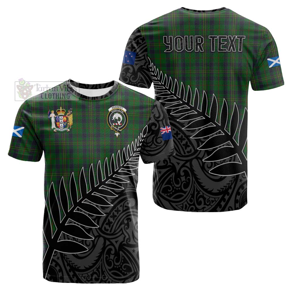 Tartan Vibes Clothing Kennedy Crest Tartan Cotton T-shirt with New Zealand Silver Fern Half Style