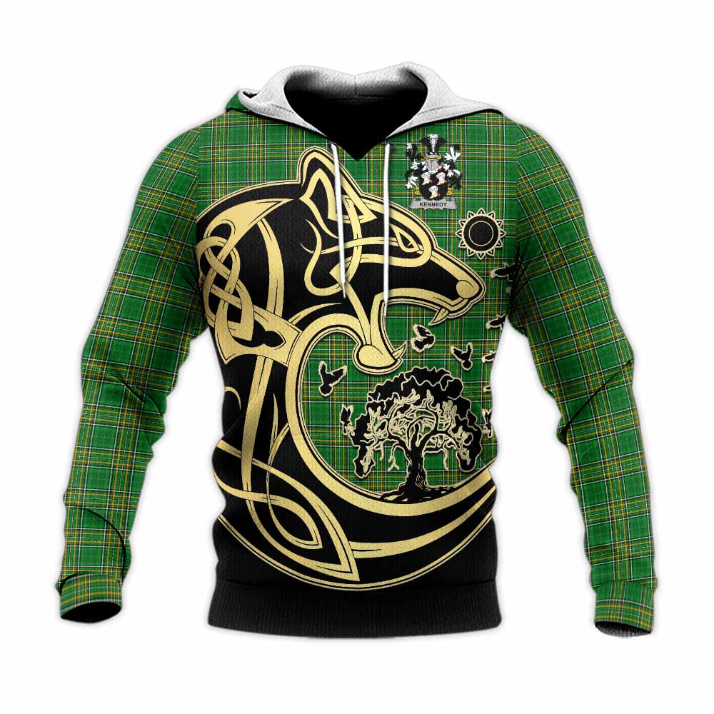 Tartan Vibes Clothing Kennedy Irish Tartan Knitted Hoodie with Coat of Arms Celtic Wolf Style