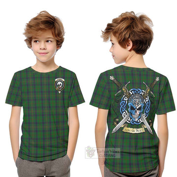 Tartan Vibes Clothing Kennedy Tartan Kid T-Shirt with Family Crest Celtic Skull Style