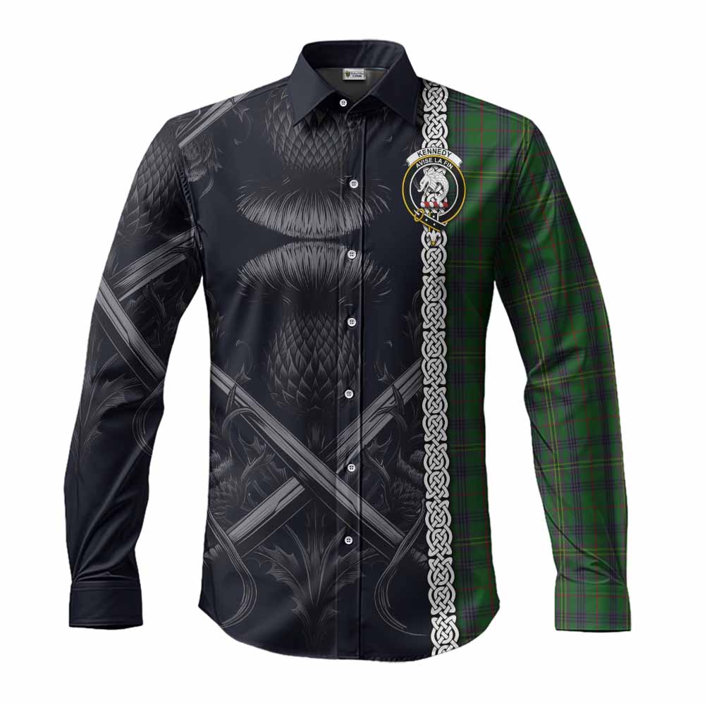 Tartan Vibes Clothing Kennedy Tartan Long Sleeve Button Shirt with Family Crest Cross Sword Thistle Celtic Vibes
