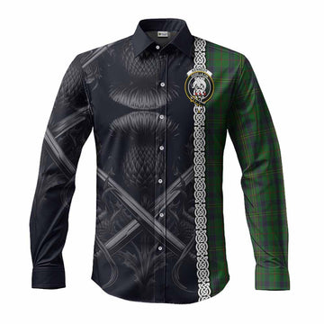 Kennedy Tartan Long Sleeve Button Shirt with Family Crest Cross Sword Thistle Celtic Vibes