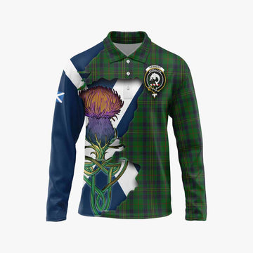 Tartan Vibes Clothing Kennedy Tartan Family Crest Long Sleeve Polo Shirt Scottish Thistle Celtic Inspired