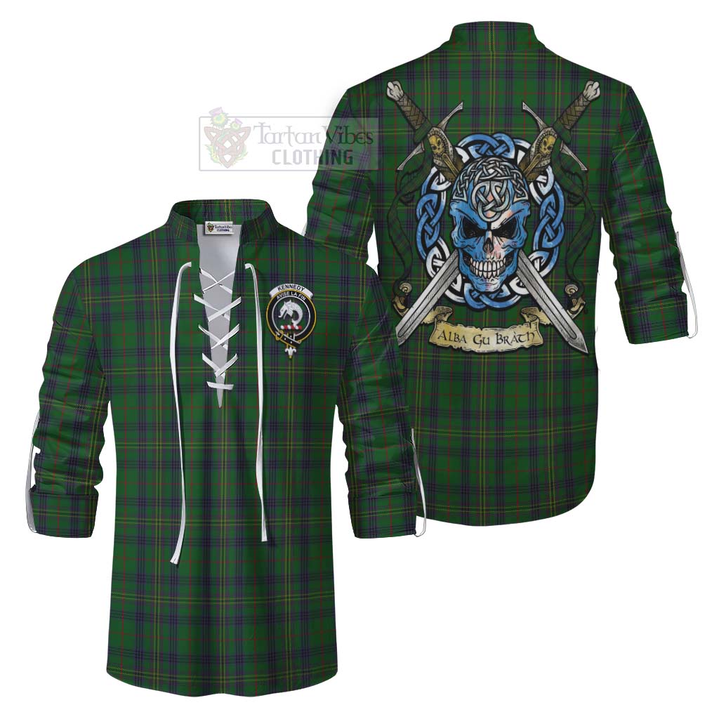 Tartan Vibes Clothing Kennedy Tartan Ghillie Kilt Shirt with Family Crest Celtic Skull Style