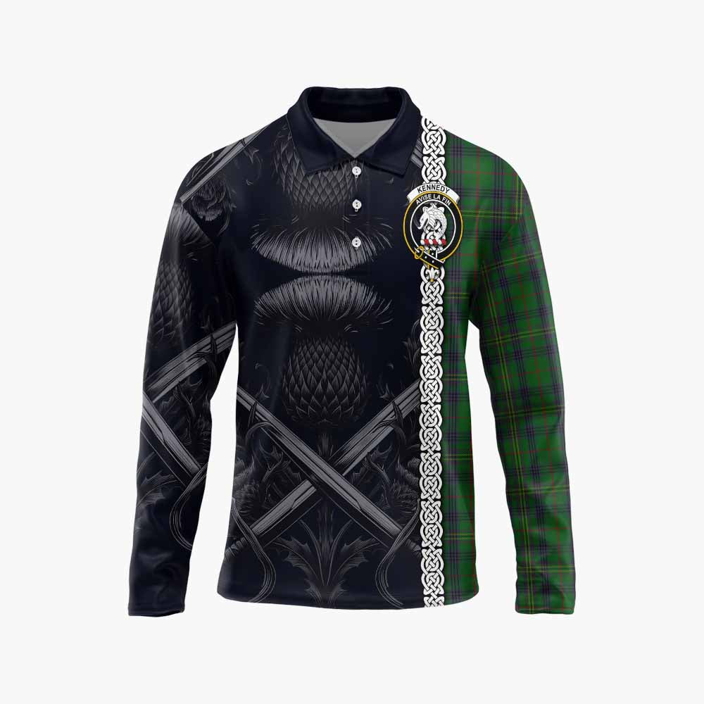 Tartan Vibes Clothing Kennedy Tartan Long Sleeve Polo Shirt with Family Crest Cross Sword Thistle Celtic Vibes