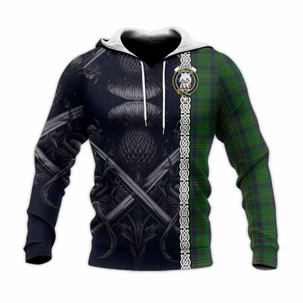 Tartan Vibes Clothing Kennedy Tartan Knitted Hoodie with Family Crest Cross Sword Thistle Celtic Vibes