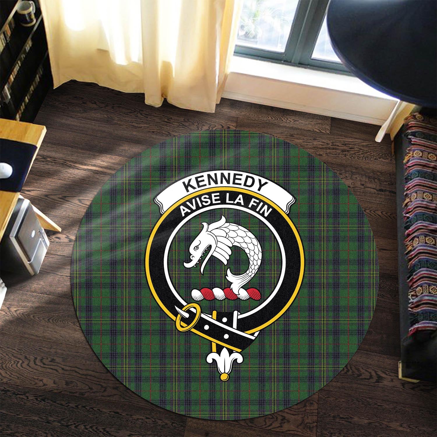kennedy-tartan-round-rug-with-family-crest