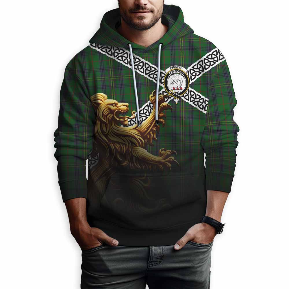 Tartan Vibes Clothing Kennedy Crest Tartan Hoodie with Golden Lion Emblem Celtic Style