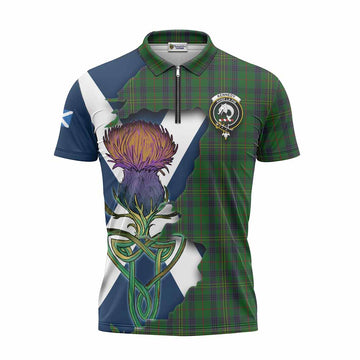 Kennedy Tartan Family Crest Zipper Polo Shirt Scottish Thistle Celtic Inspired