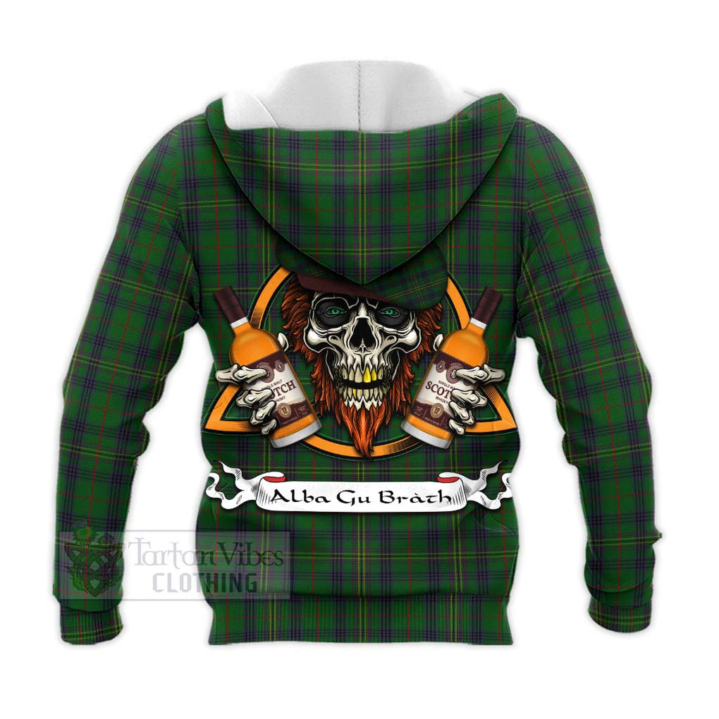 Tartan Vibes Clothing Kennedy Tartan Knitted Hoodie with Family Crest and Bearded Skull Holding Bottles of Whiskey