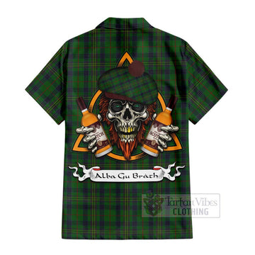 Tartan Vibes Clothing Kennedy Tartan Short Sleeve Button Shirt with Family Crest and Bearded Skull Holding Bottles of Whiskey