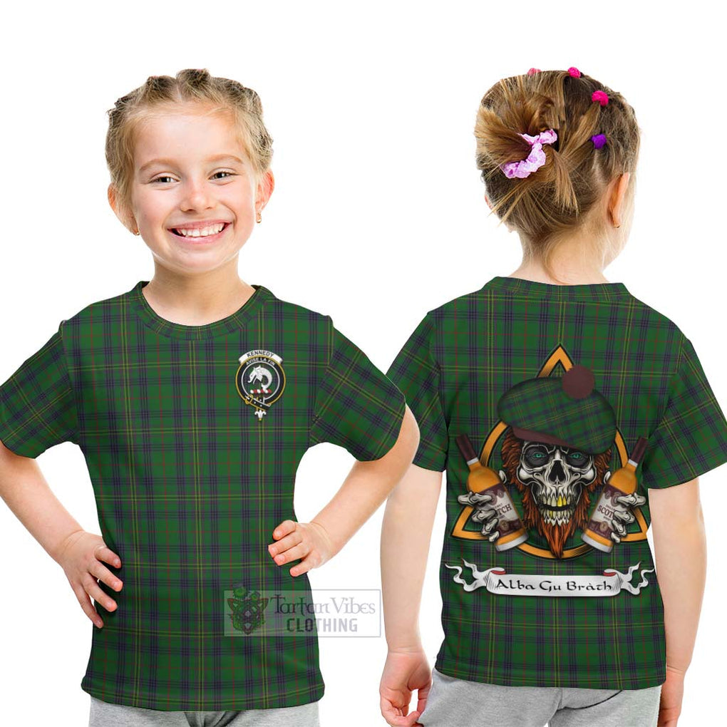 Tartan Vibes Clothing Kennedy Tartan Kid T-Shirt with Family Crest and Bearded Skull Holding Bottles of Whiskey