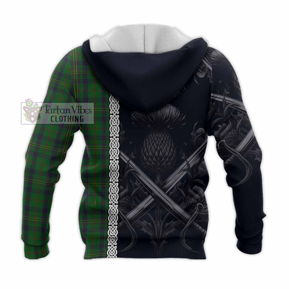 Tartan Vibes Clothing Kennedy Tartan Knitted Hoodie with Family Crest Cross Sword Thistle Celtic Vibes
