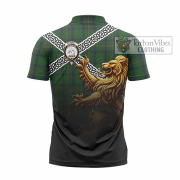 Kennedy Crest Tartan Zipper Polo Shirt with Golden Lion Emblem Celtic Style