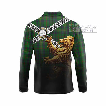 Kennedy Crest Tartan Long Sleeve Polo Shirt with Golden Lion Emblem Celtic Style
