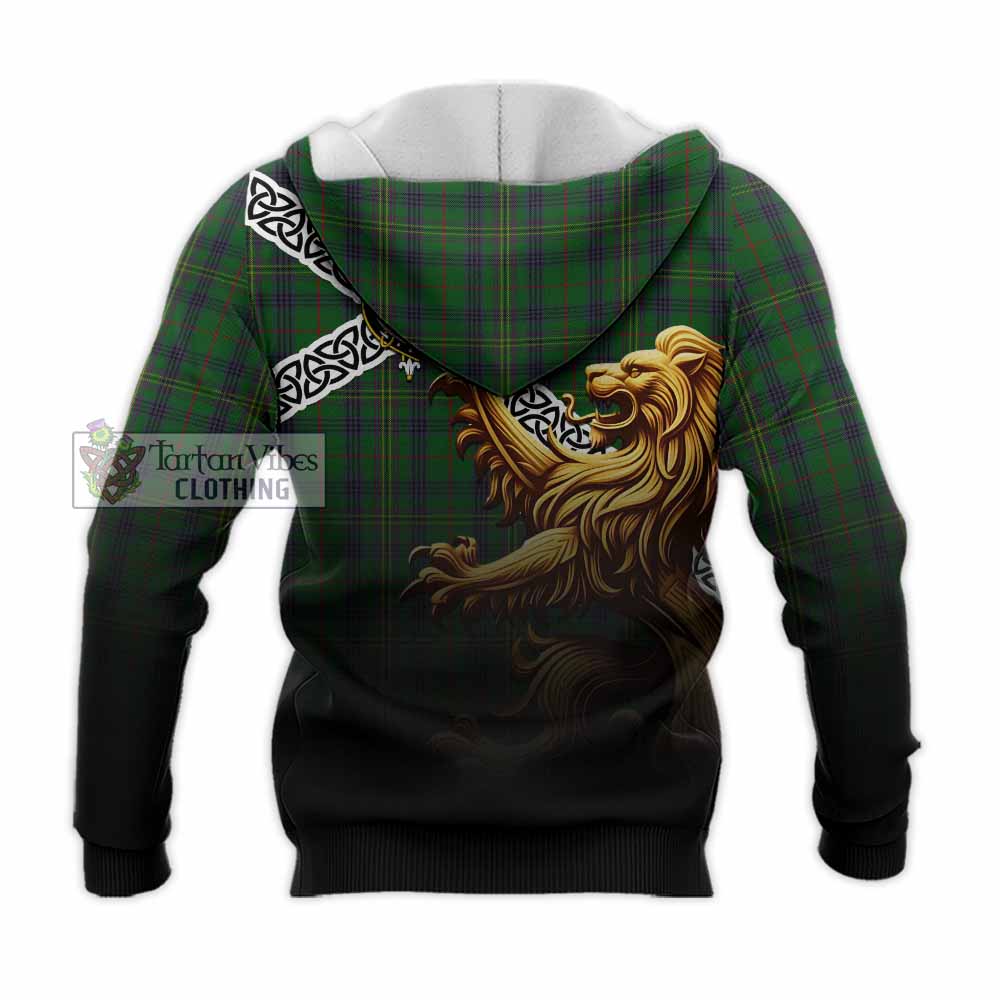 Tartan Vibes Clothing Kennedy Crest Tartan Knitted Hoodie with Golden Lion Emblem Celtic Style