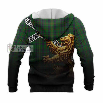 Kennedy Crest Tartan Knitted Hoodie with Golden Lion Emblem Celtic Style
