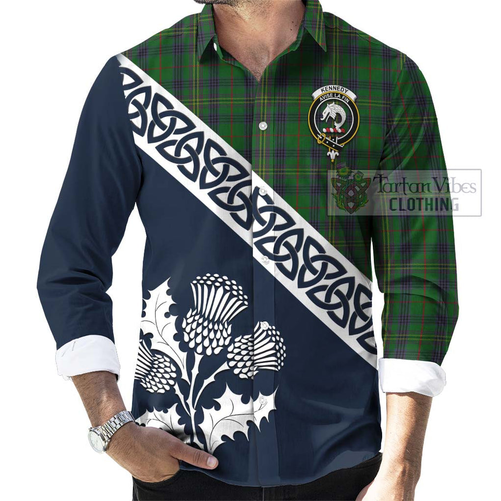 Tartan Vibes Clothing Kennedy Tartan Long Sleeve Button Shirt Featuring Thistle and Scotland Map