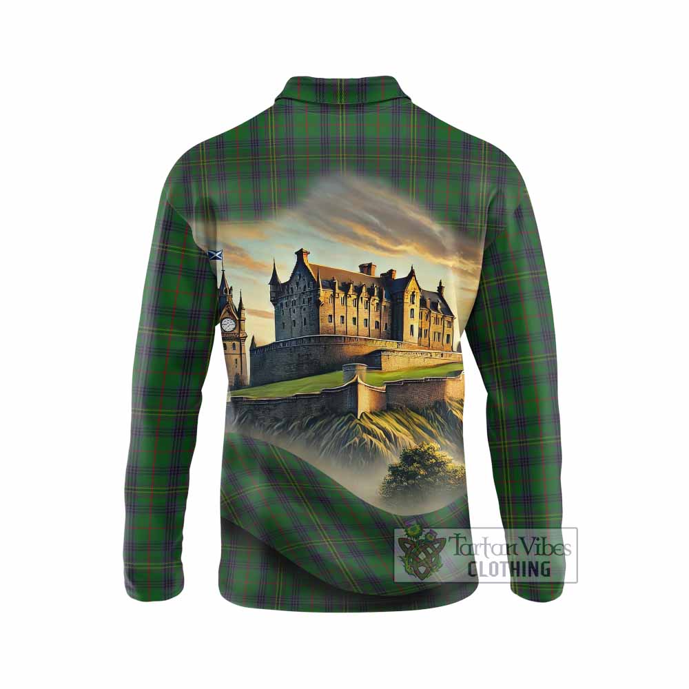 Tartan Vibes Clothing Kennedy Tartan Family Crest Long Sleeve Polo Shirt with Scottish Ancient Castle Style