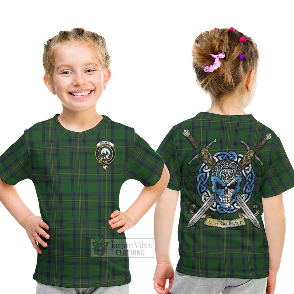 Tartan Vibes Clothing Kennedy Tartan Kid T-Shirt with Family Crest Celtic Skull Style
