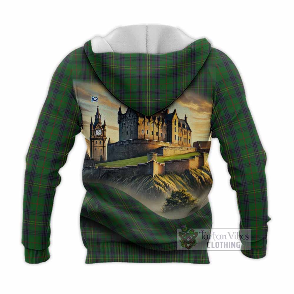 Tartan Vibes Clothing Kennedy Tartan Family Crest Knitted Hoodie with Scottish Ancient Castle Style