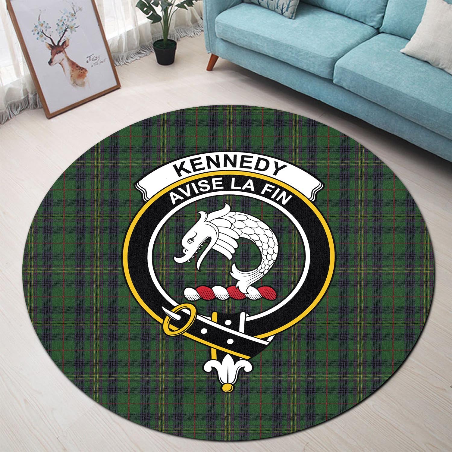 kennedy-tartan-round-rug-with-family-crest