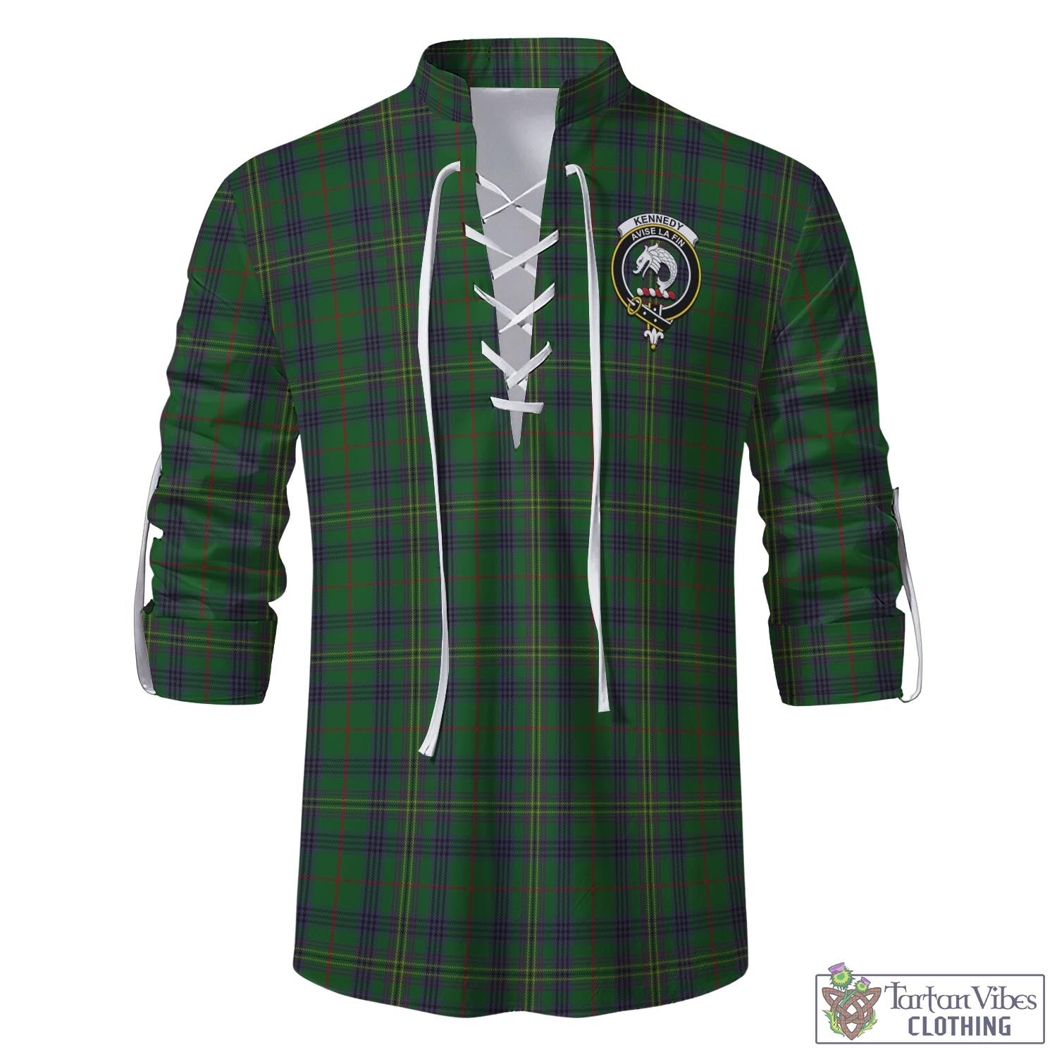 Tartan Vibes Clothing Kennedy Tartan Men's Scottish Traditional Jacobite Ghillie Kilt Shirt with Family Crest