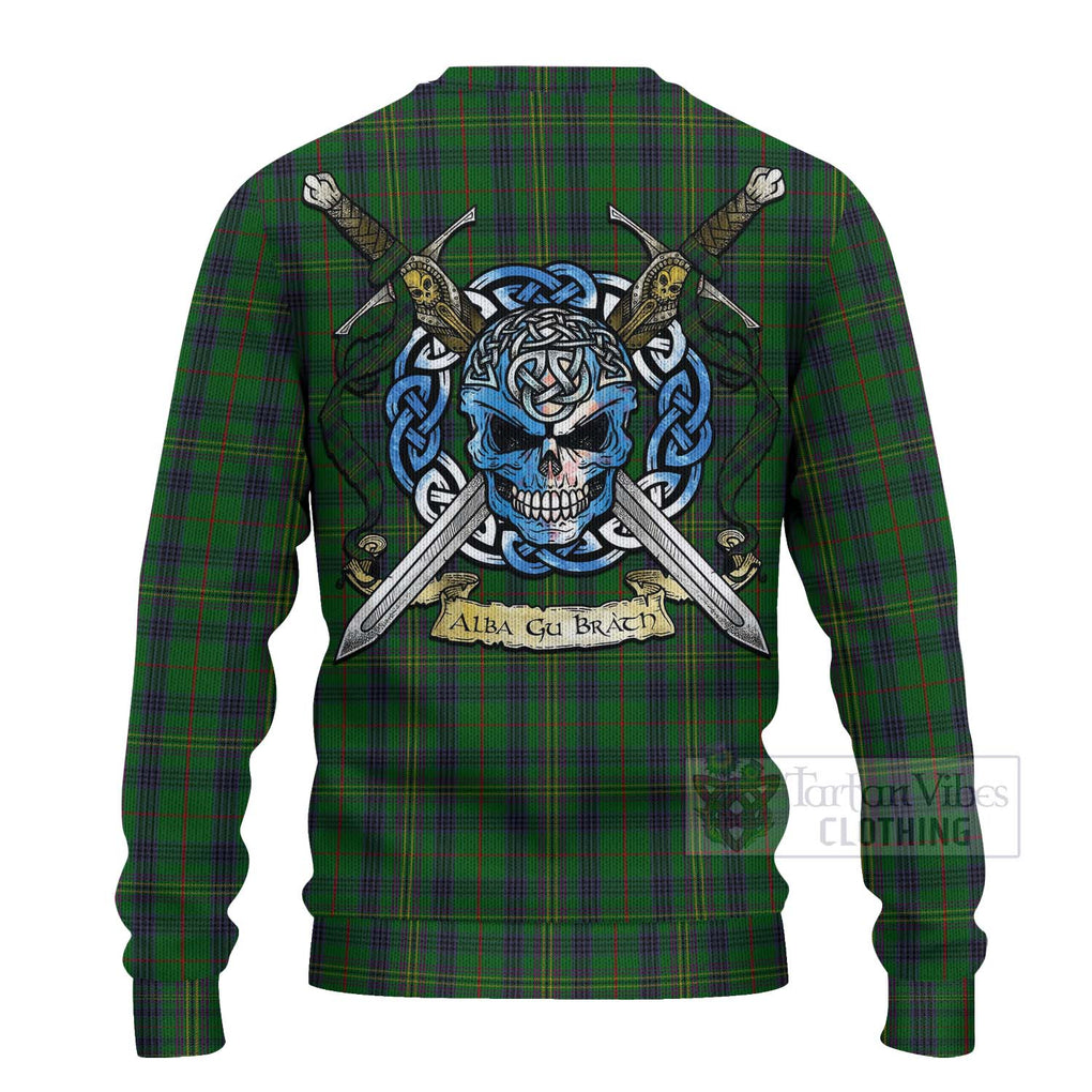 Tartan Vibes Clothing Kennedy Tartan Knitted Sweater with Family Crest Celtic Skull Style