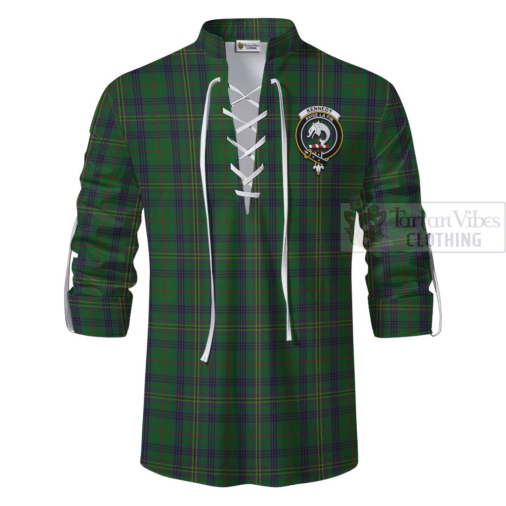 Tartan Vibes Clothing Kennedy Tartan Ghillie Kilt Shirt with Family Crest and Bearded Skull Holding Bottles of Whiskey
