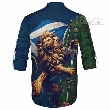 Tartan Vibes Clothing Kennedy Tartan Family Crest Ghillie Kilt Shirt with Scottish Majestic Lion