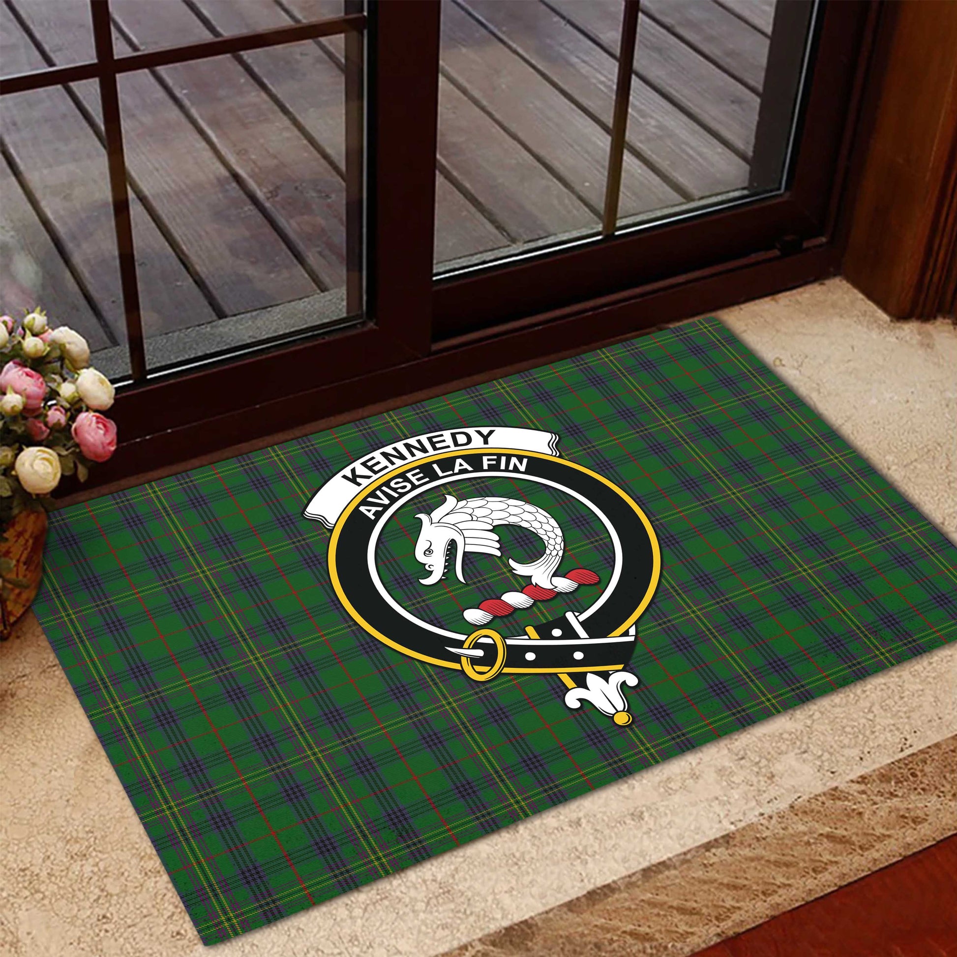 Kennedy Tartan Door Mat with Family Crest - Tartanvibesclothing