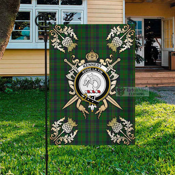 Kennedy Tartan Garden Flag with Family Crest and Golden Thistle Crossed Sword Design