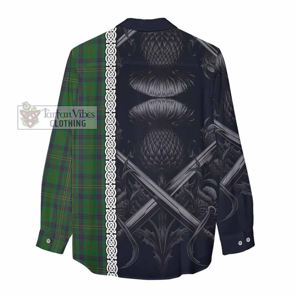 Tartan Vibes Clothing Kennedy Tartan Women's Casual Shirt with Family Crest Cross Sword Thistle Celtic Vibes