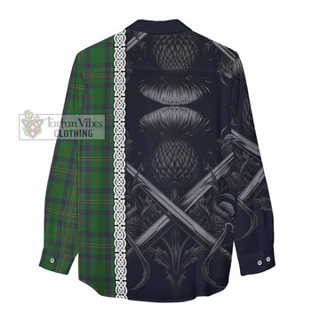 Tartan Vibes Clothing Kennedy Tartan Women's Casual Shirt with Family Crest Cross Sword Thistle Celtic Vibes