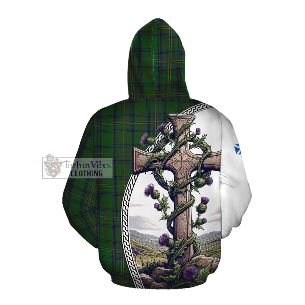 Tartan Vibes Clothing Kennedy Tartan Cotton Hoodie with Family Crest and St. Andrew's Cross Accented by Thistle Vines