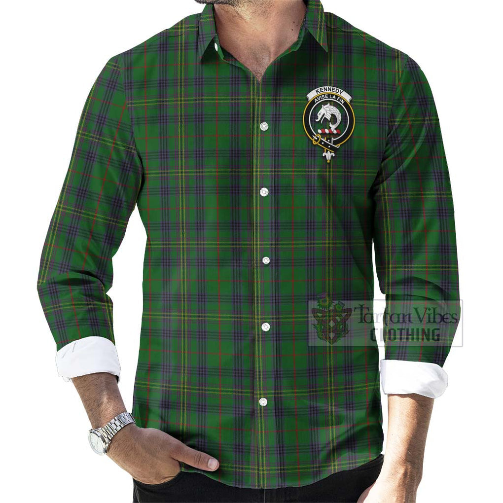 Tartan Vibes Clothing Kennedy Tartan Long Sleeve Button Shirt with Family Crest Celtic Skull Style