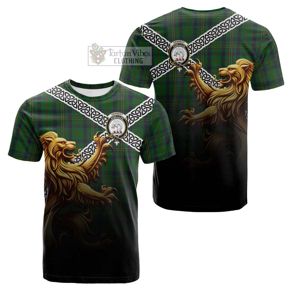 Tartan Vibes Clothing Kennedy Crest Tartan Cotton T-shirt with Golden Lion Emblem Celtic Style