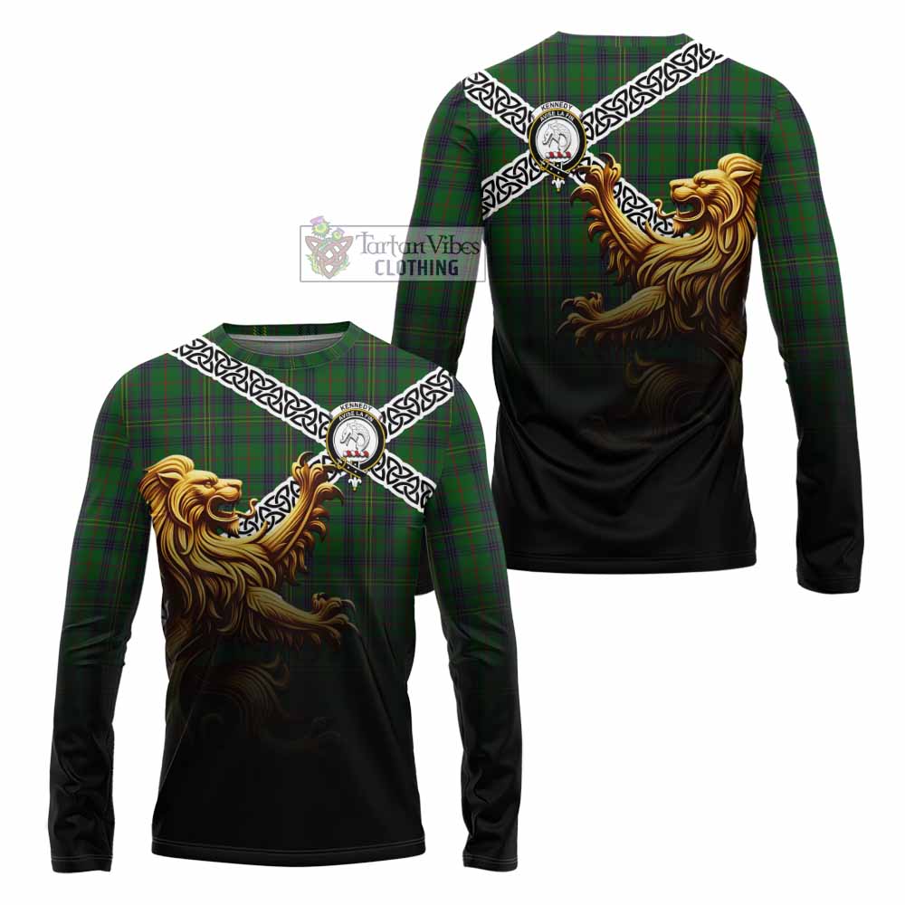 Tartan Vibes Clothing Kennedy Crest Tartan Long Sleeve T-Shirt with Golden Lion Emblem Celtic Style