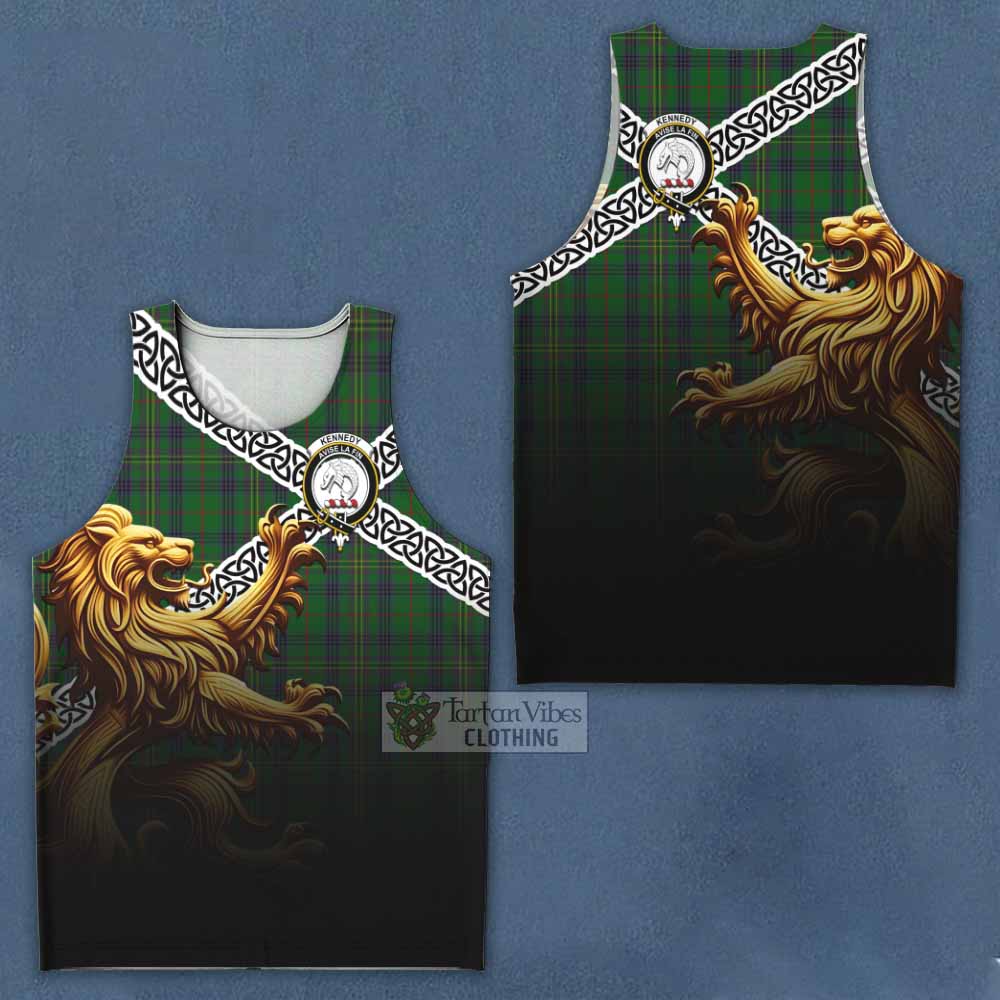Tartan Vibes Clothing Kennedy Crest Tartan Men's Tank Top with Golden Lion Emblem Celtic Style