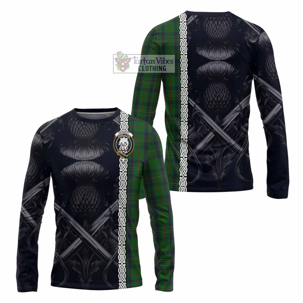 Tartan Vibes Clothing Kennedy Tartan Long Sleeve T-Shirt with Family Crest Cross Sword Thistle Celtic Vibes