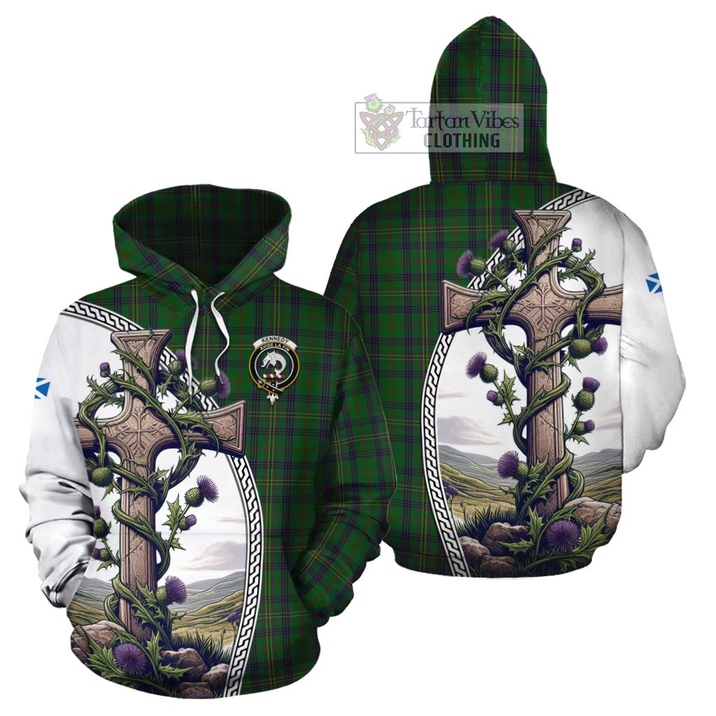 Tartan Vibes Clothing Kennedy Tartan Cotton Hoodie with Family Crest and St. Andrew's Cross Accented by Thistle Vines