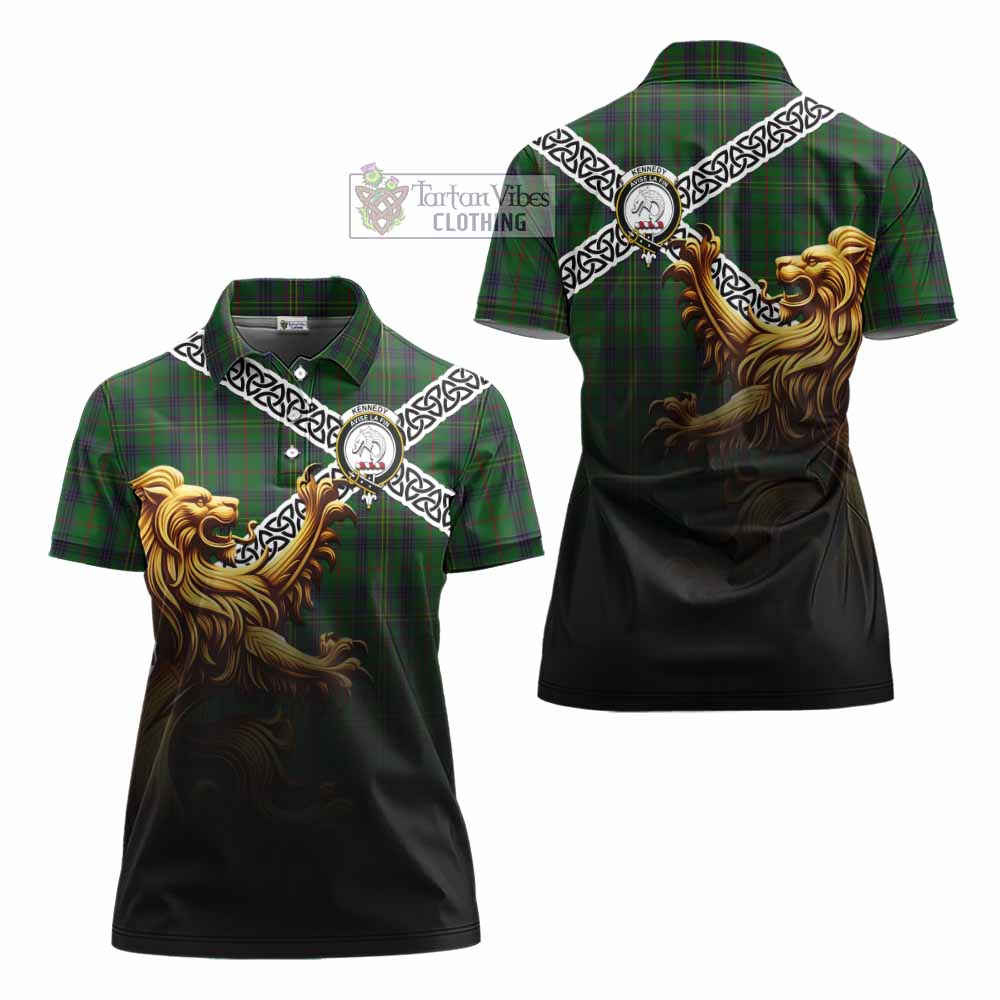 Tartan Vibes Clothing Kennedy Crest Tartan Women's Polo Shirt with Golden Lion Emblem Celtic Style