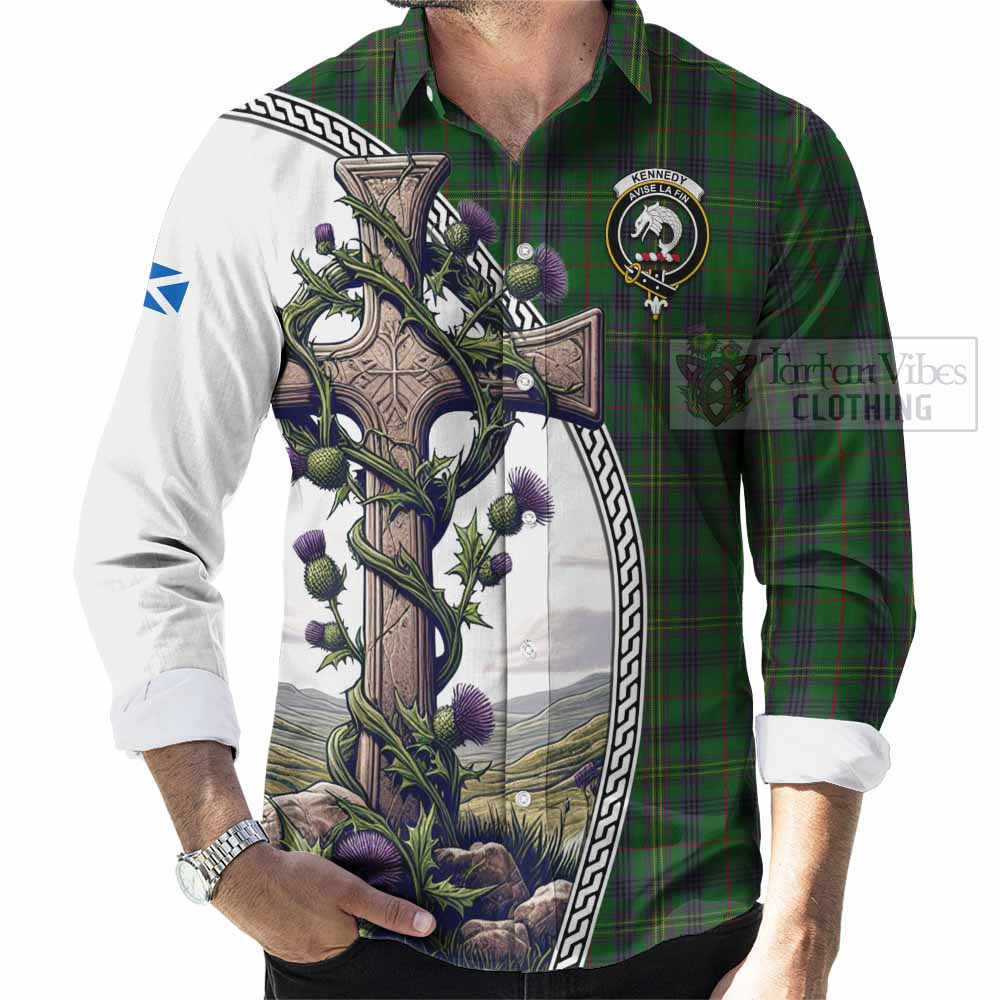 Tartan Vibes Clothing Kennedy Tartan Long Sleeve Button Shirt with Family Crest and St. Andrew's Cross Accented by Thistle Vines