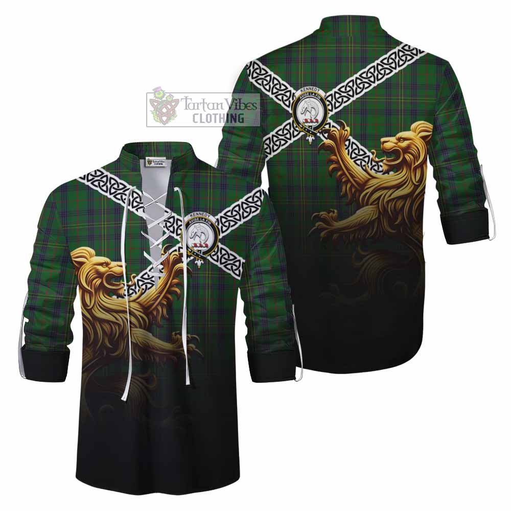 Tartan Vibes Clothing Kennedy Crest Tartan Ghillie Kilt Shirt with Golden Lion Emblem Celtic Style