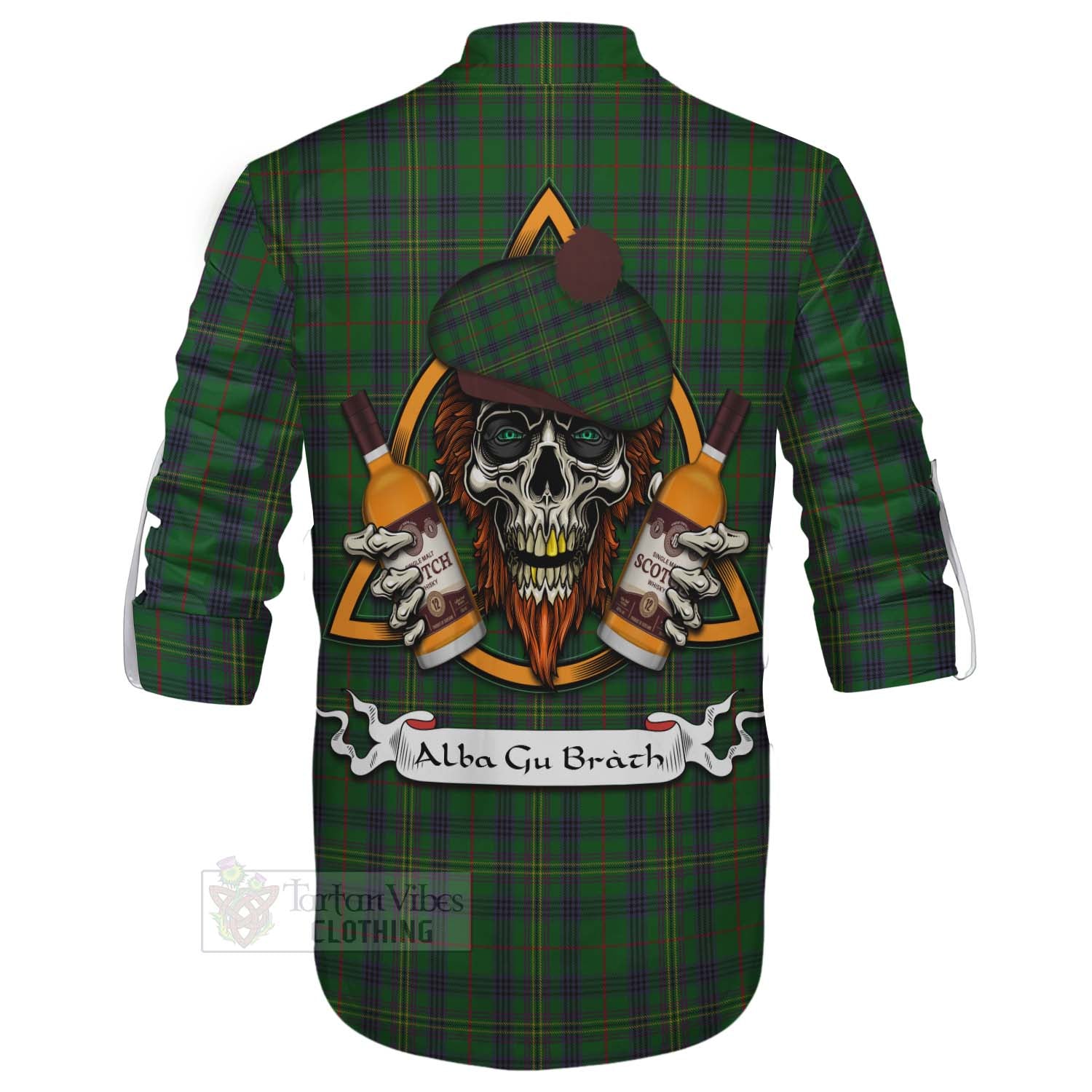 Tartan Vibes Clothing Kennedy Tartan Ghillie Kilt Shirt with Family Crest and Bearded Skull Holding Bottles of Whiskey