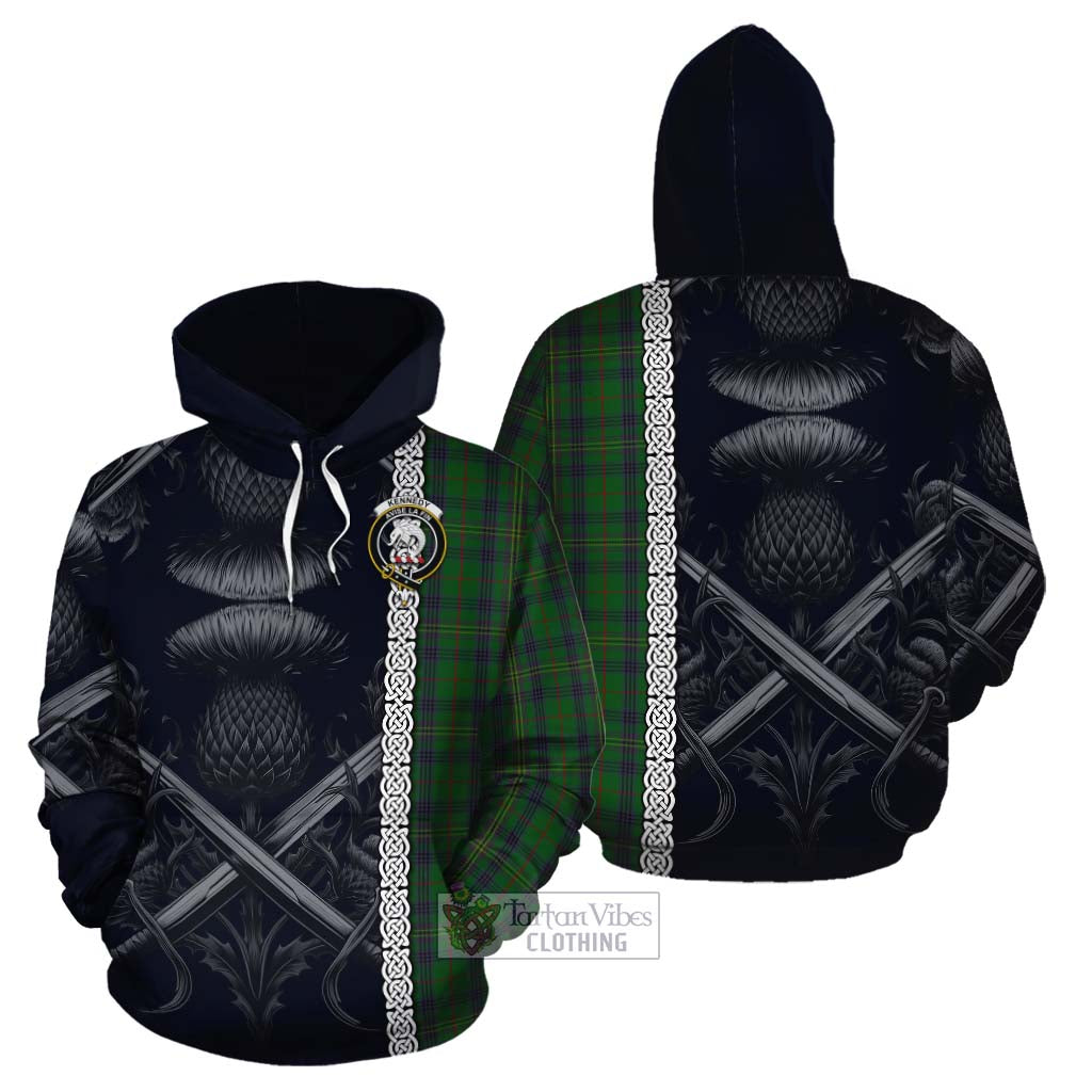 Tartan Vibes Clothing Kennedy Tartan Cotton Hoodie with Family Crest Cross Sword Thistle Celtic Vibes