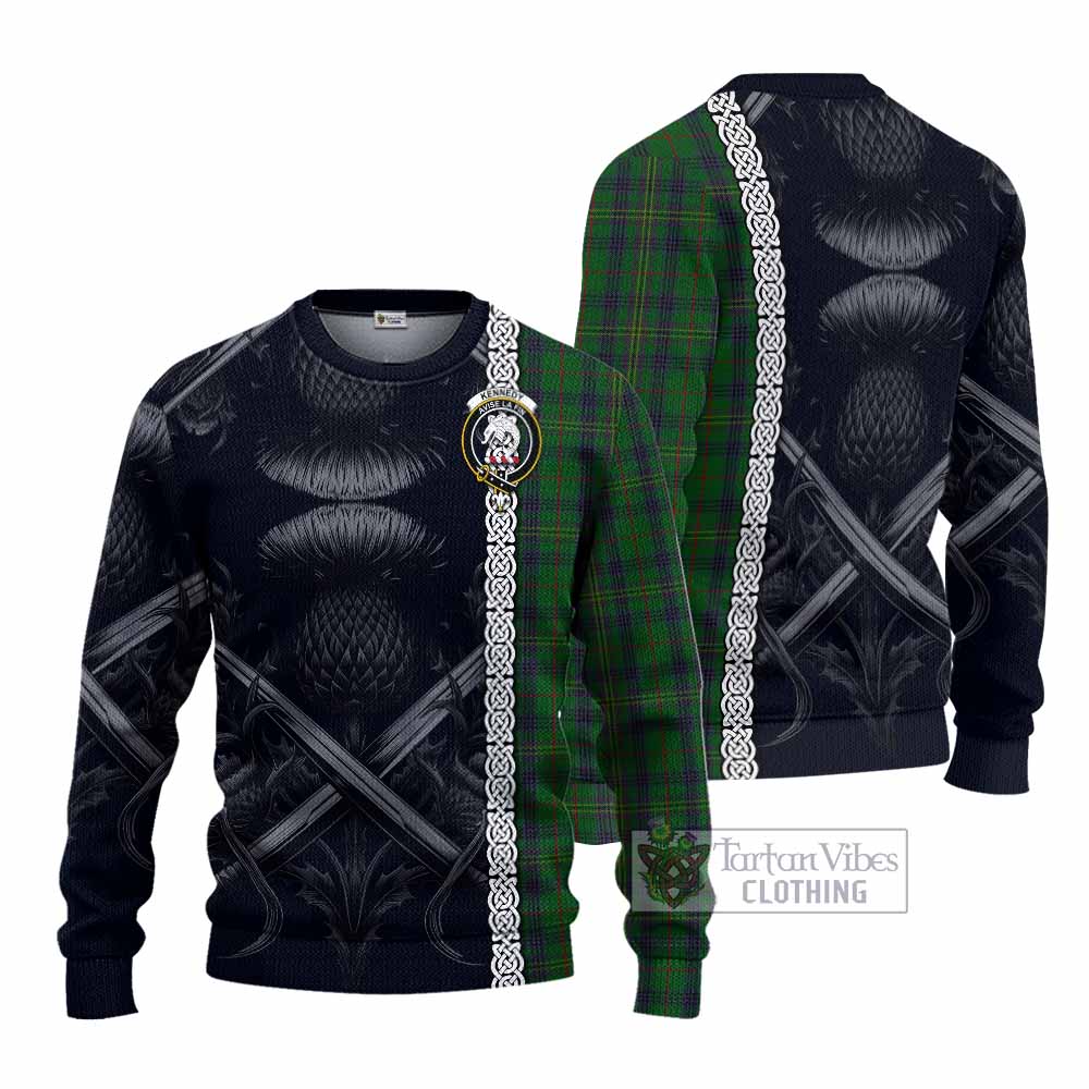 Tartan Vibes Clothing Kennedy Tartan Knitted Sweater with Family Crest Cross Sword Thistle Celtic Vibes