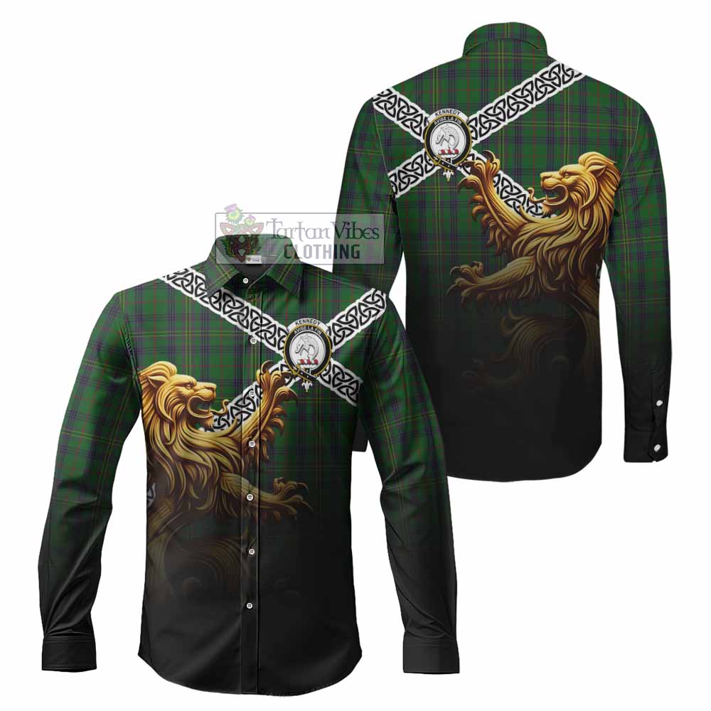 Tartan Vibes Clothing Kennedy Crest Tartan Long Sleeve Button Shirt with Golden Lion Emblem Celtic Style