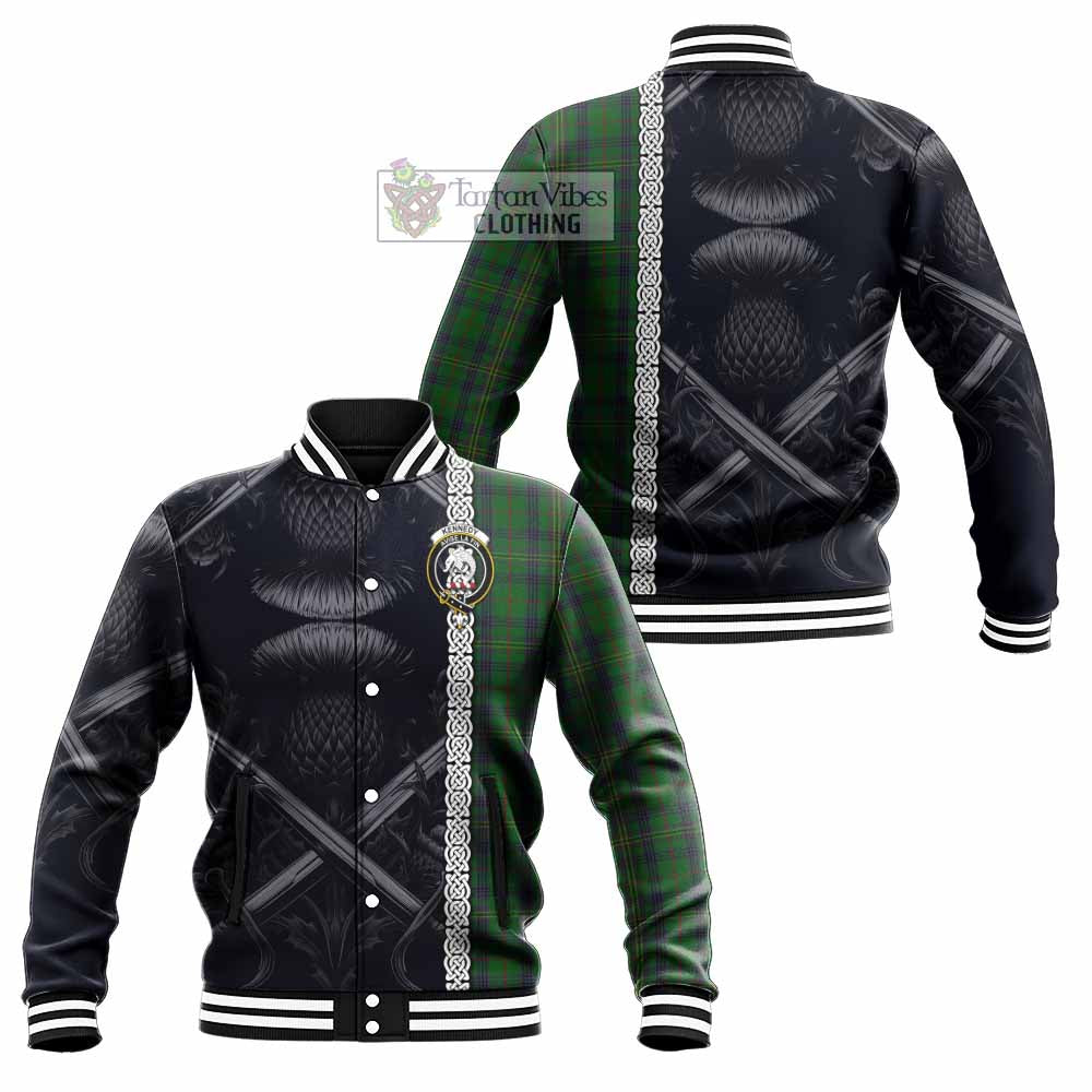 Tartan Vibes Clothing Kennedy Tartan Baseball Jacket with Family Crest Cross Sword Thistle Celtic Vibes