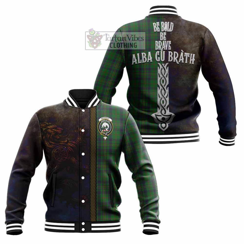 Tartan Vibes Clothing Kennedy Tartan Family Crest Baseball Jacket Alba Gu Brath Be Brave Lion Ancient Style