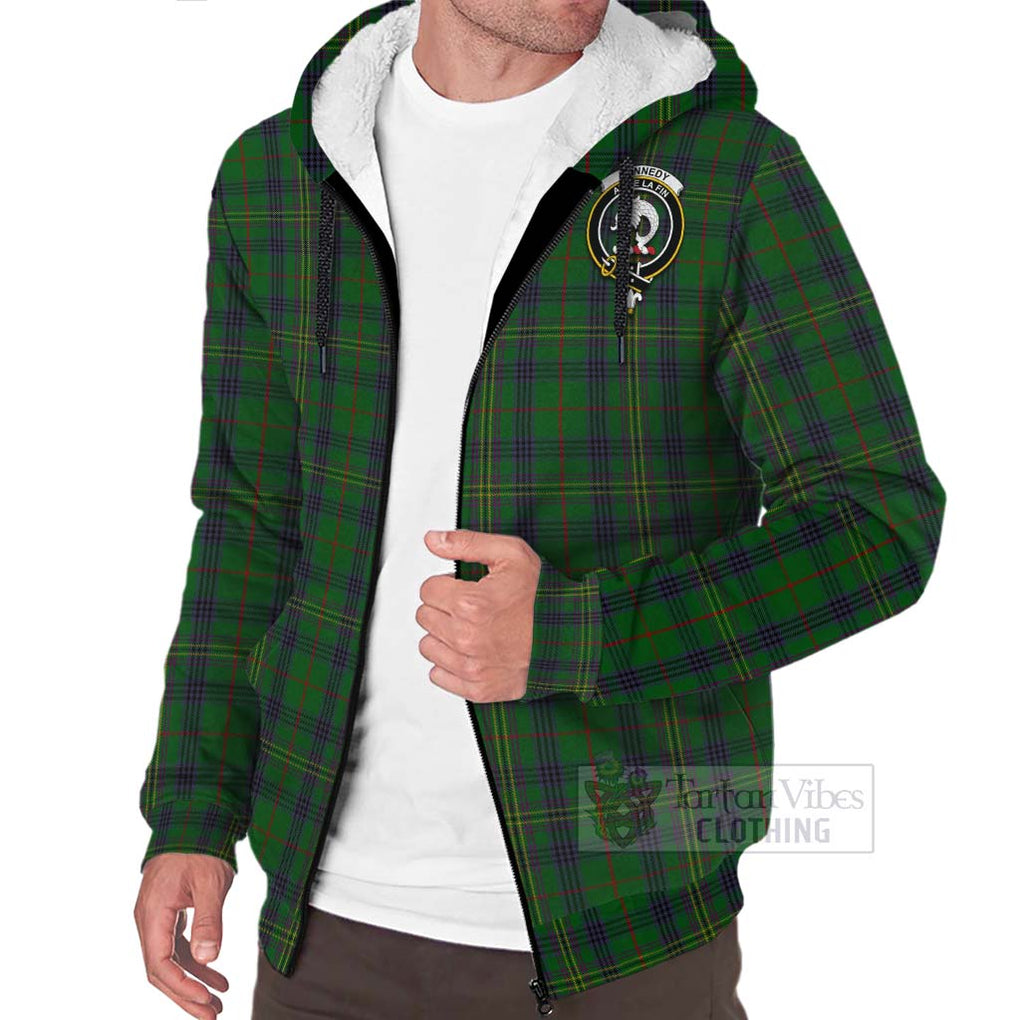 Tartan Vibes Clothing Kennedy Tartan Sherpa Hoodie with Family Crest and Bearded Skull Holding Bottles of Whiskey